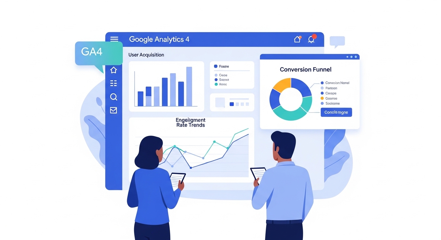 Google Analytics 4のレポート画面を分析するビジネスパーソンのイメージ