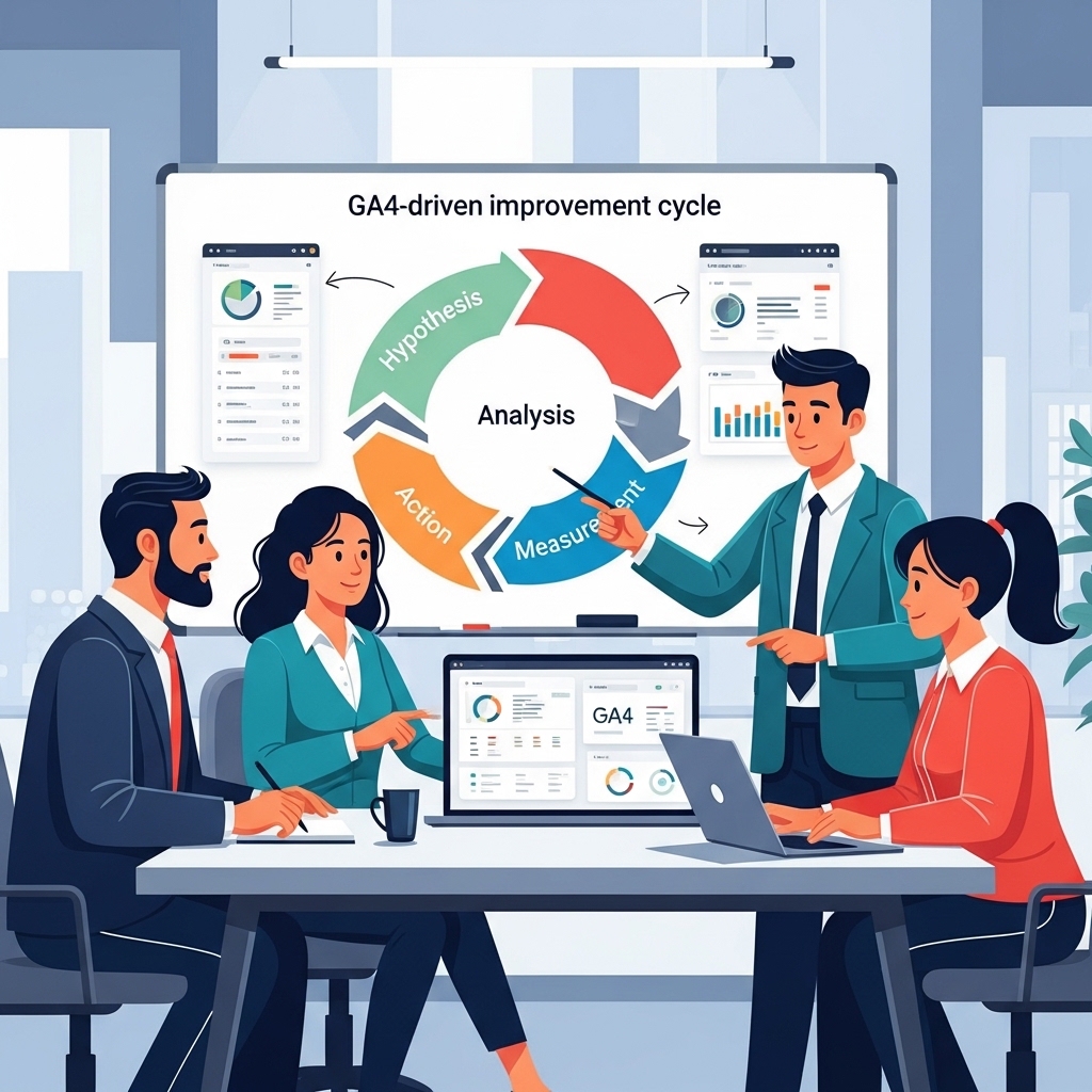 画像:ホワイトボードにWebサイト改善サイクルが書かれており、チームがGA4データを見ながらディスカッションしている様子