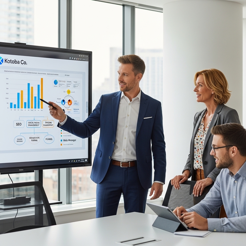 画像：Kotobaのコンサルタントが地方企業の経営者とWeb担当者に対し、ホワイトボードでマーケティング戦略を説明しているイメージ。信頼感のあるプロフェッショナルな雰囲気。