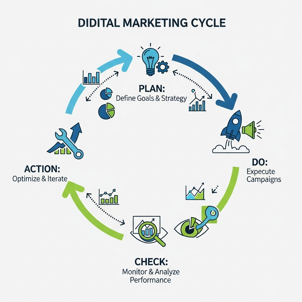 画像：デジタルマーケティングのPDCAサイクル。Plan, Do, Check, Actionの各ステップが円形に配置され、それぞれにアイコンと短い説明があるインフォグラフィック。モダンでクリーンなデザイン。