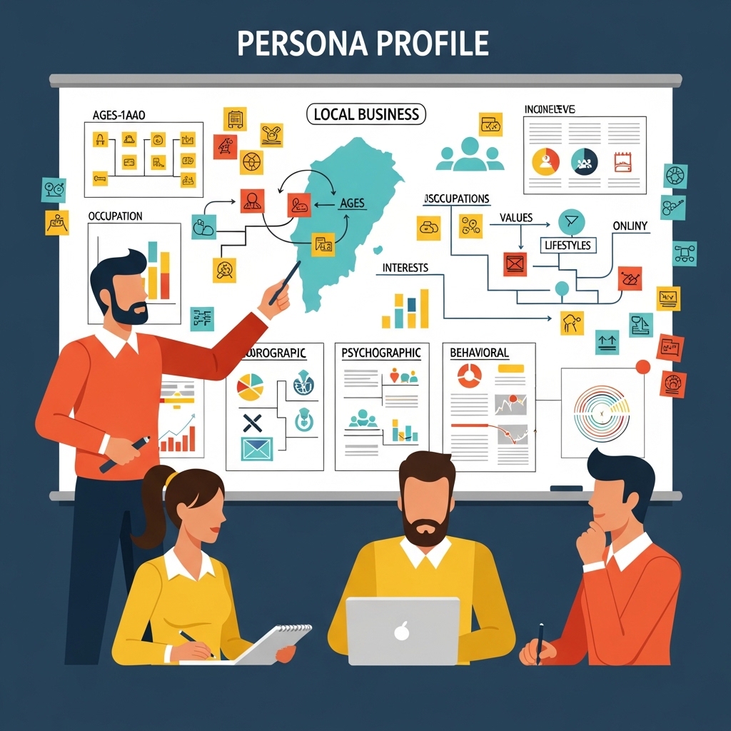 画像：地方企業のペルソナ設定イメージ。顧客の顔と属性が具体的に書かれたボードを囲んで議論するチームのイラスト