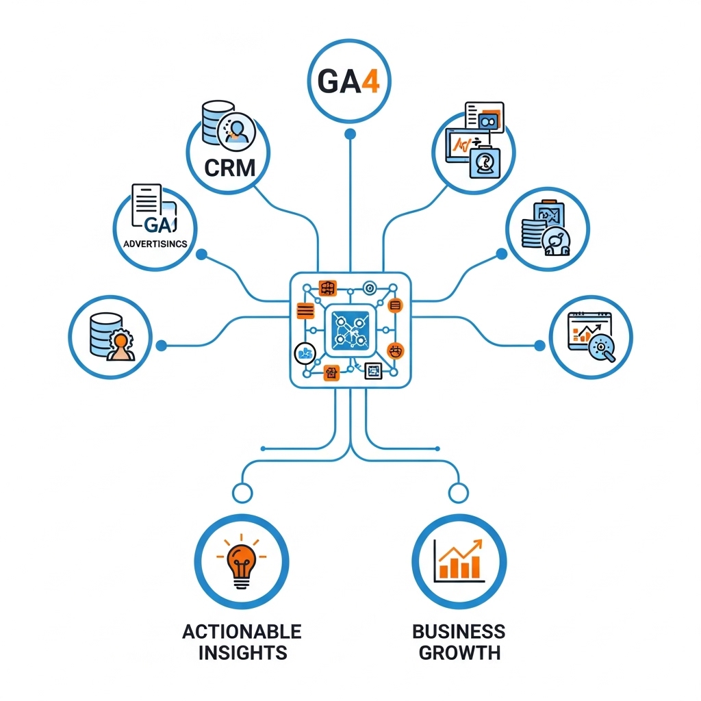 画像:複数のデータソース(GA4、CRM、広告)が中央のハブに集約され、洞察が生まれるインフォグラフィック。