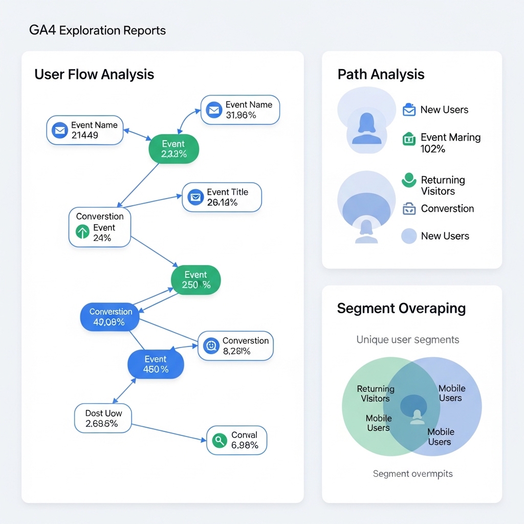 画像:GA4の探索レポート画面イメージ。ユーザーの行動パスやセグメント分析が可能なUI。