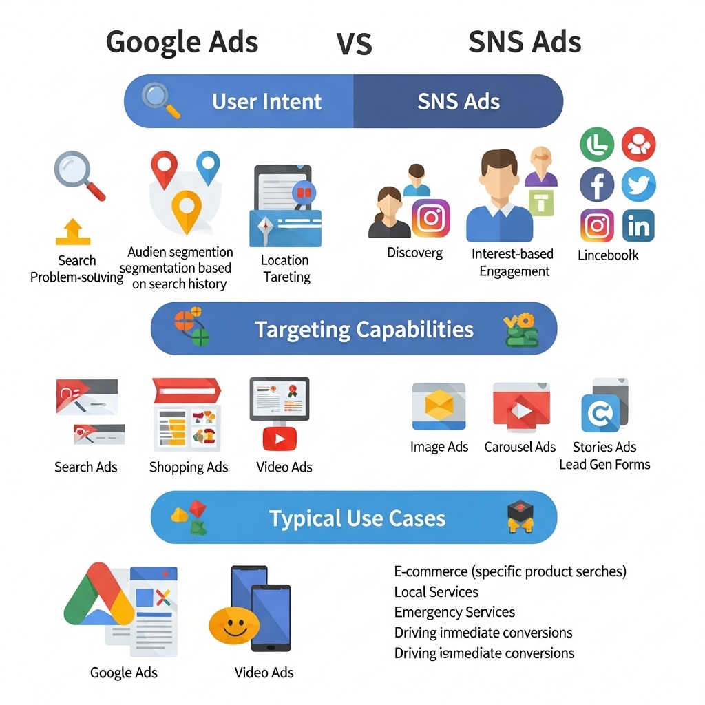 画像：Google広告とSNS広告の主な違いを比較したインフォグラフィック