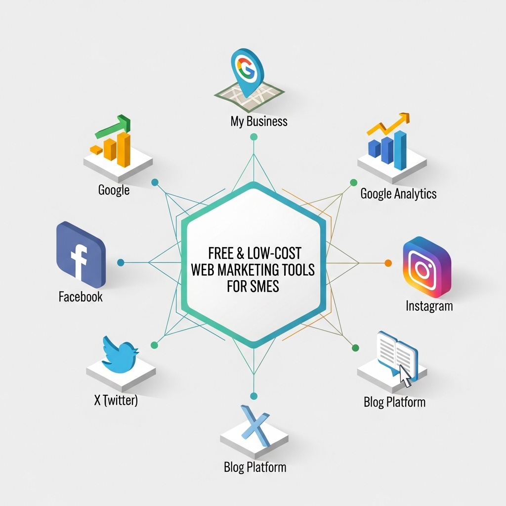 画像：中小企業向け無料Webマーケティングツールと戦略の概念図