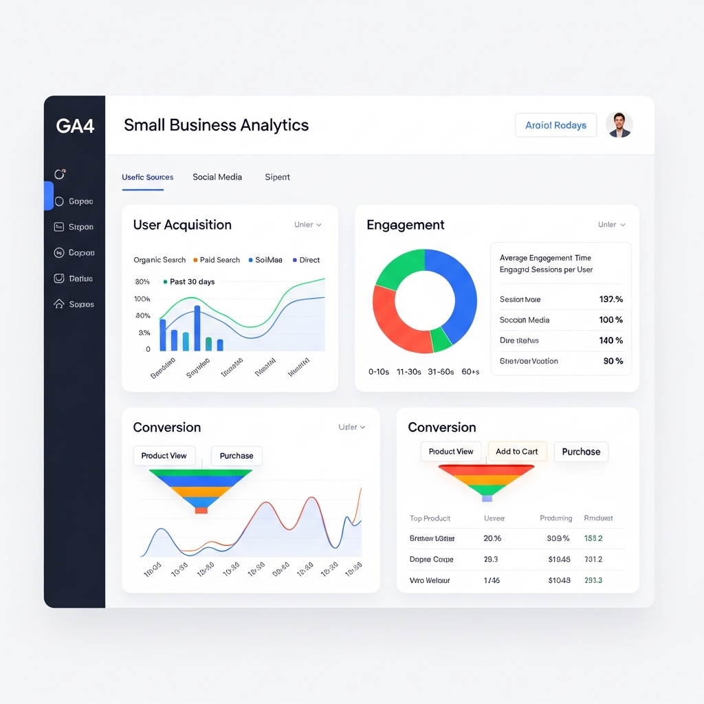 画像：GA4のダッシュボードと主要レポート画面のイメージ