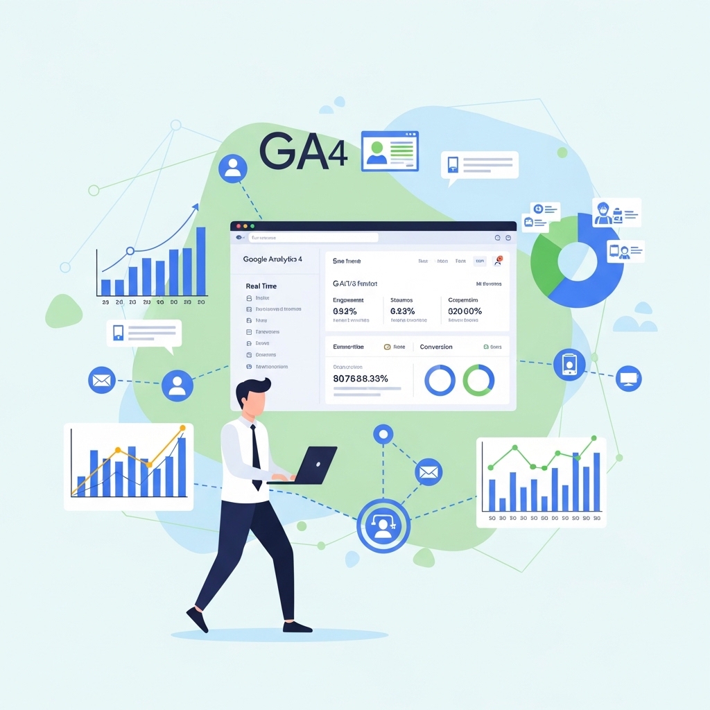 画像：GA4でデータ駆動型サイト改善を行うビジネスパーソンのイラスト