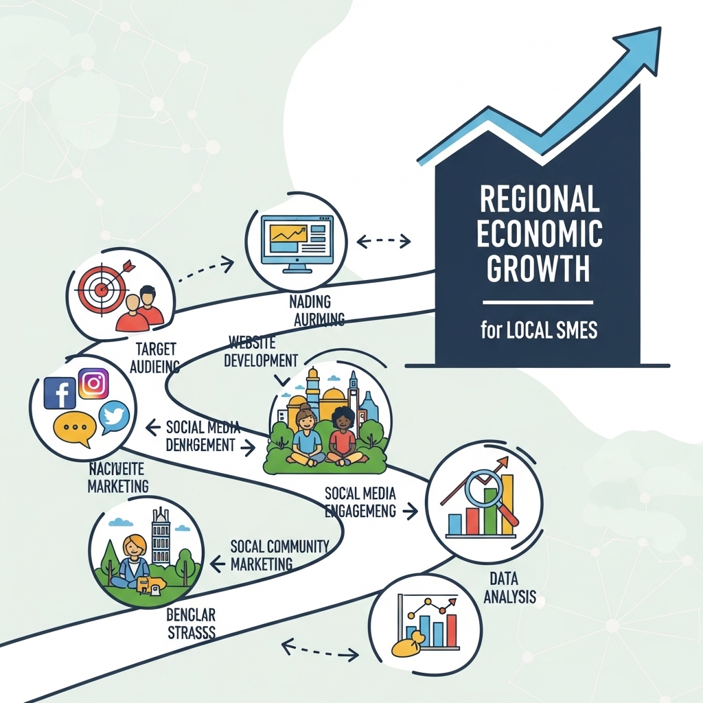 ロードマップの概念図：始まりから目標達成までの道のりを示すアイコン群