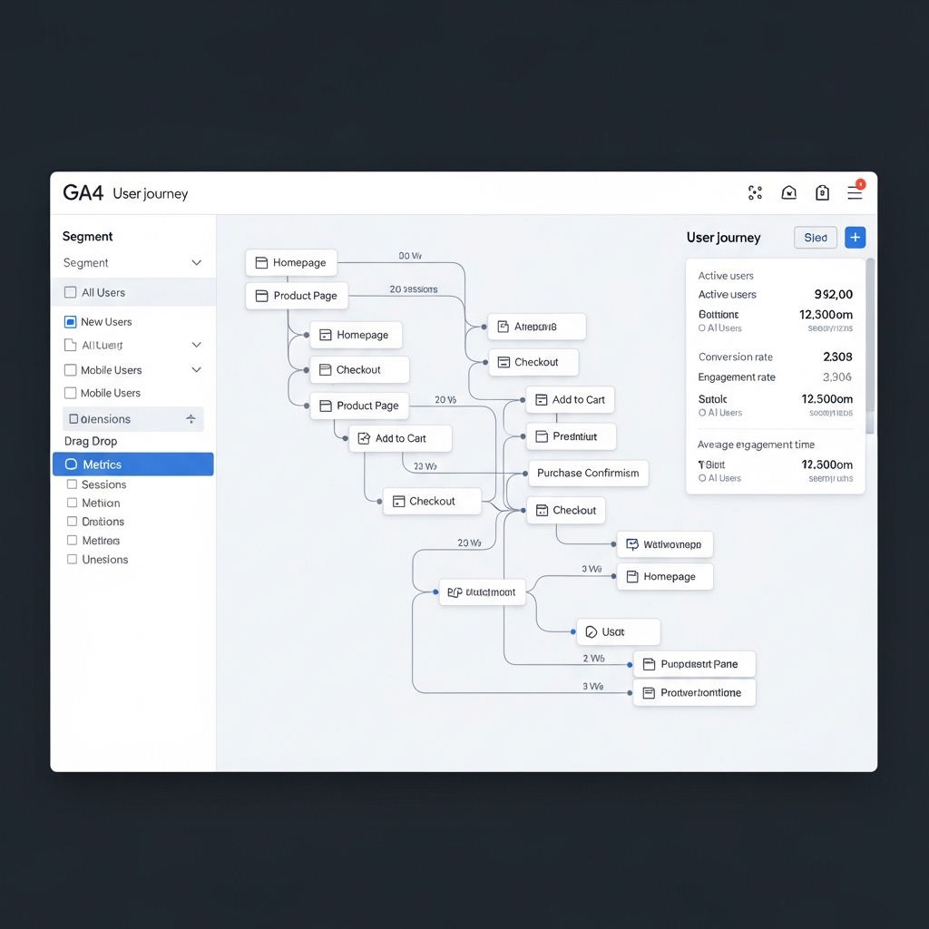 GA4の探索レポート画面のスクリーンショット風。ユーザーフローやセグメント分析の画面が表示され、分析作業の様子がわかる。