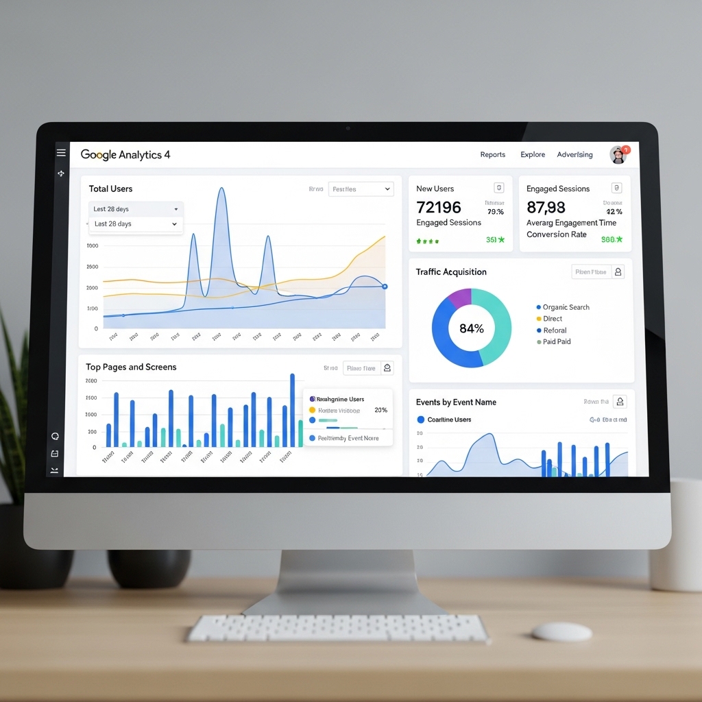 GA4のレポート画面。グラフや数値が表示され、Webサイトのパフォーマンス分析を示唆するデザイン。