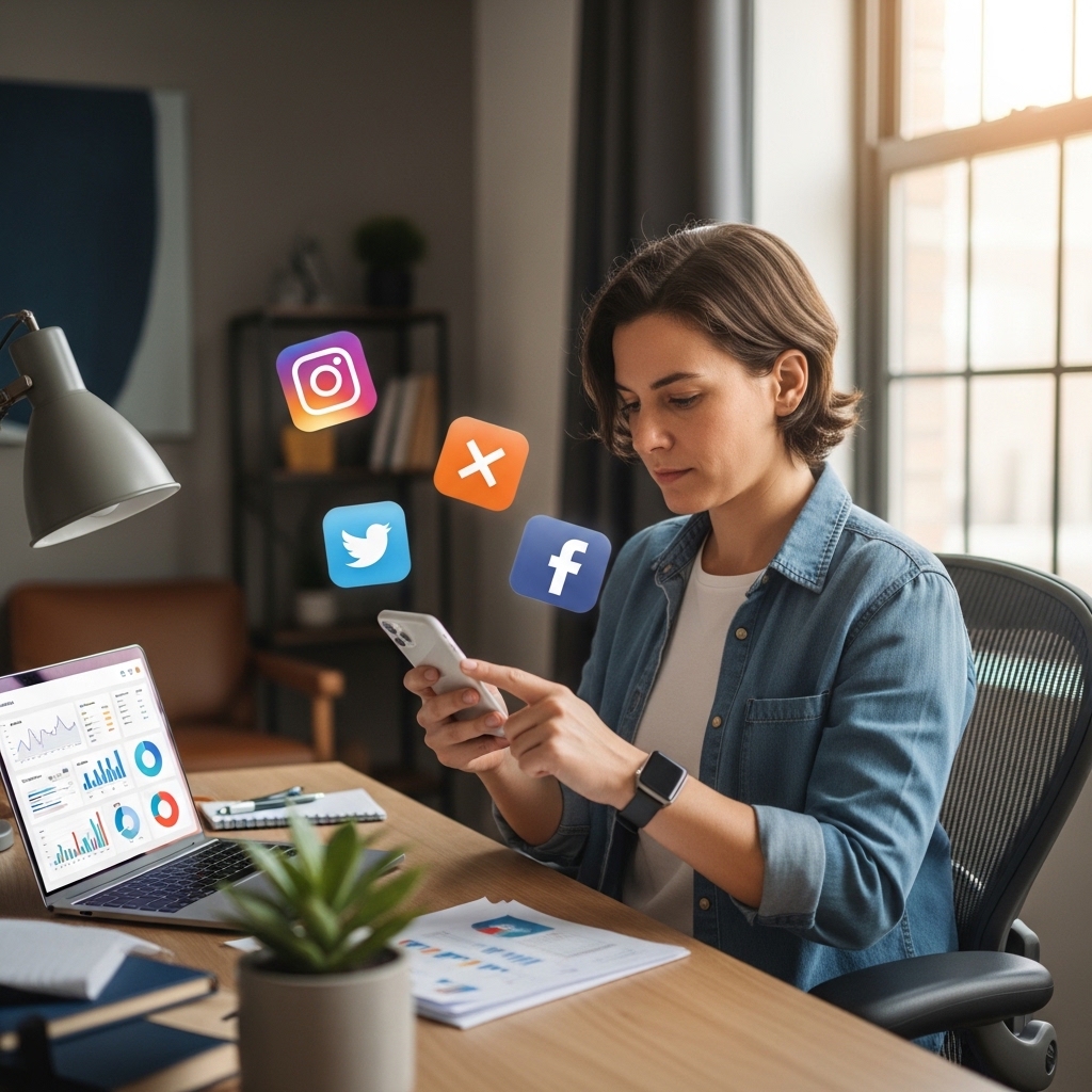 スマートフォンでSNSを運用する中小企業の担当者