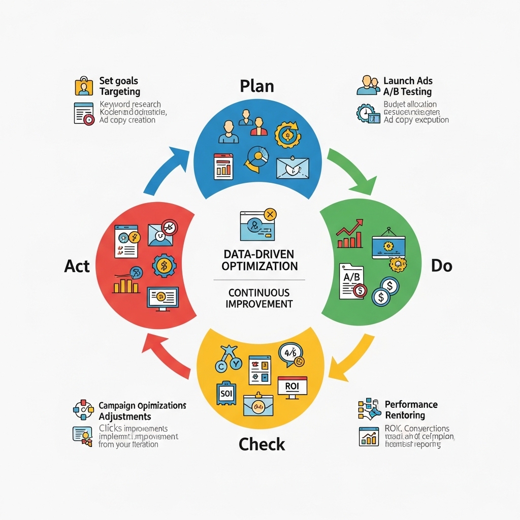 Web広告運用のPDCAサイクルを示す図。計画、実行、評価、改善の各フェーズが円形に繋がり、データに基づいた最適化を表現している。