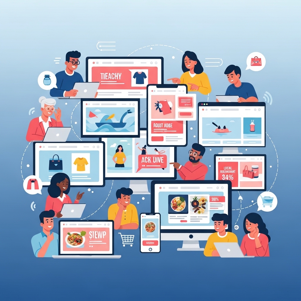 PCやスマホにWeb広告が表示され、それを見た人々が笑顔で商品やサービスに興味を持っている様子