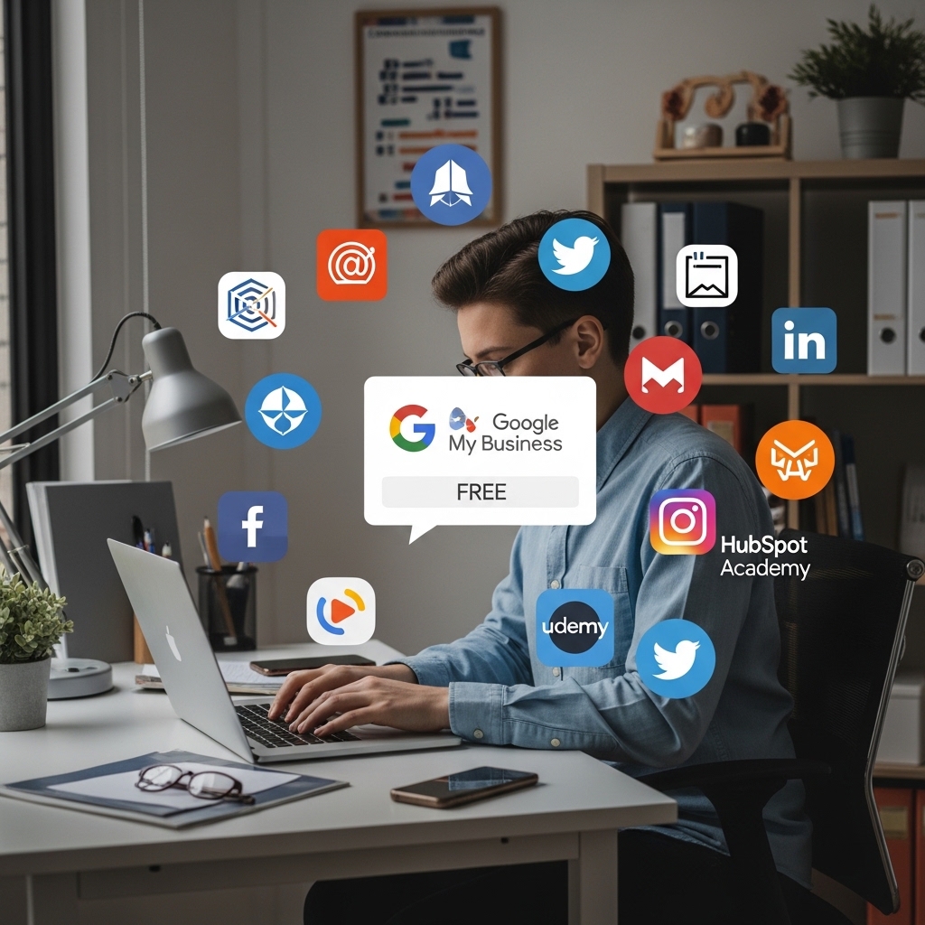 無料ツールとオンライン学習を活用するビジネスパーソンのイメージ