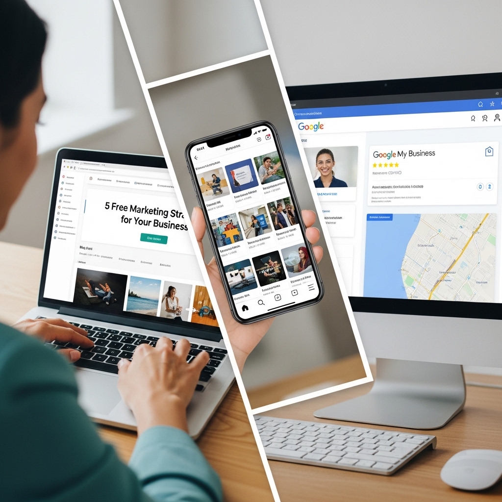 PCでブログ記事を作成する女性、SNS投稿、Googleマイビジネスの画面など、複数の無料Webマーケティング施策のイメージがコラージュされた画像