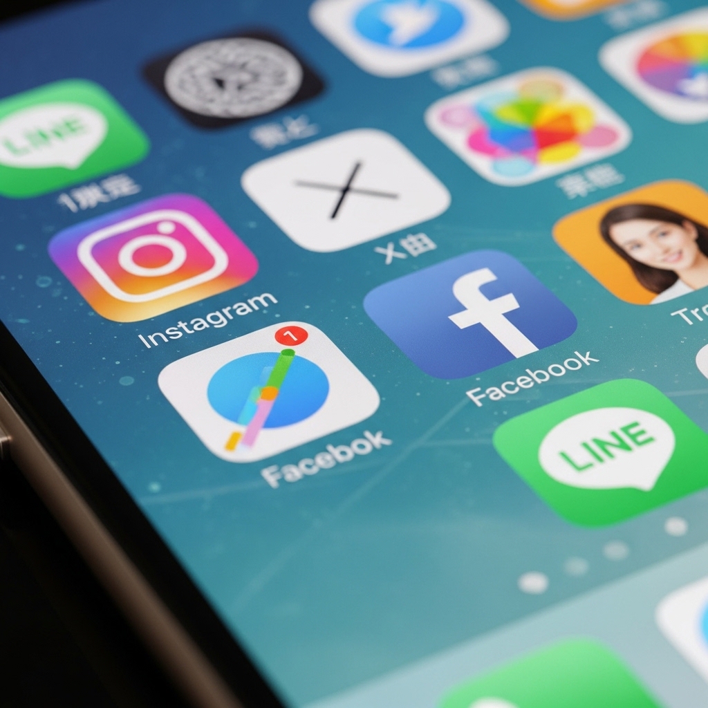 画像：様々なSNSアイコンが浮かぶスマートフォン