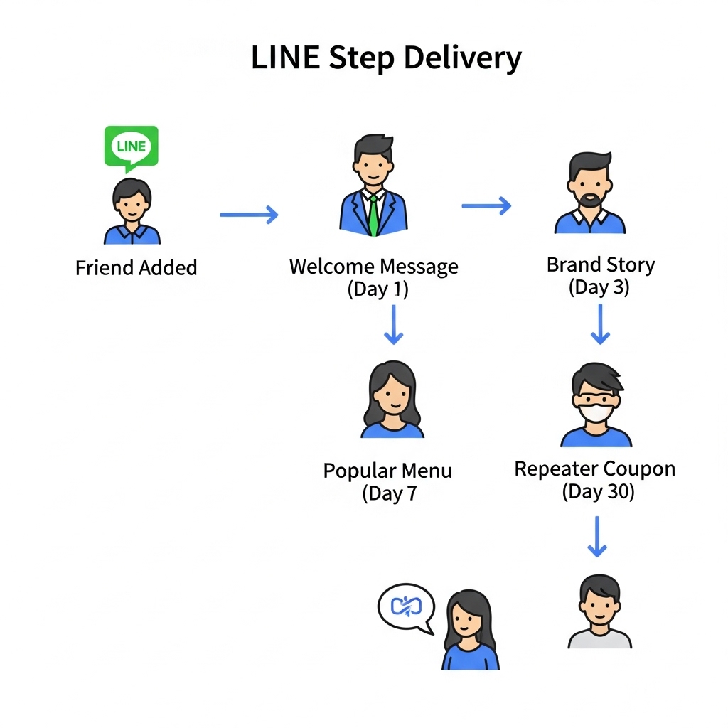 図解：LINEステップ配信のシナリオフロー