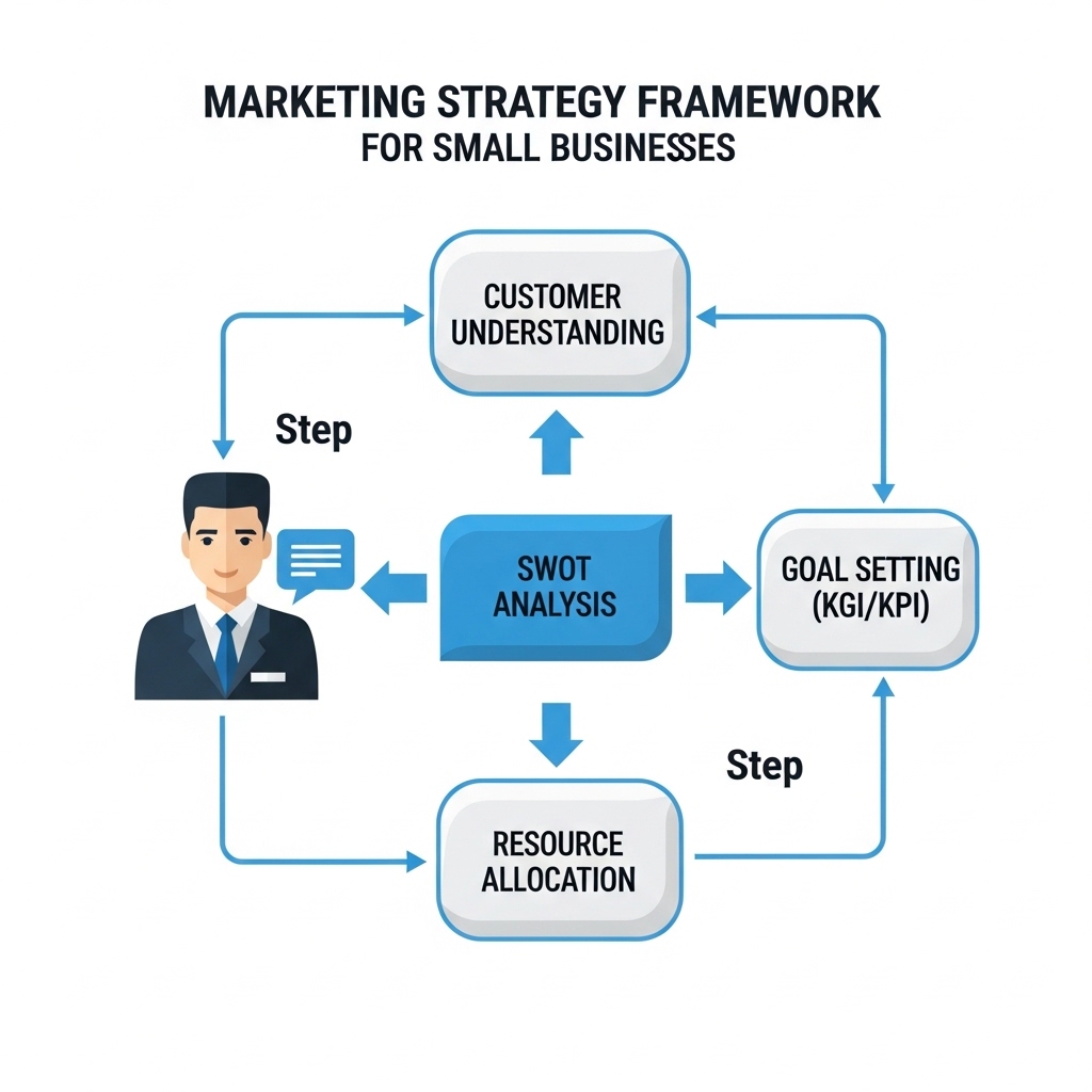 図解：中小企業向けマーケティング戦略のフレームワーク