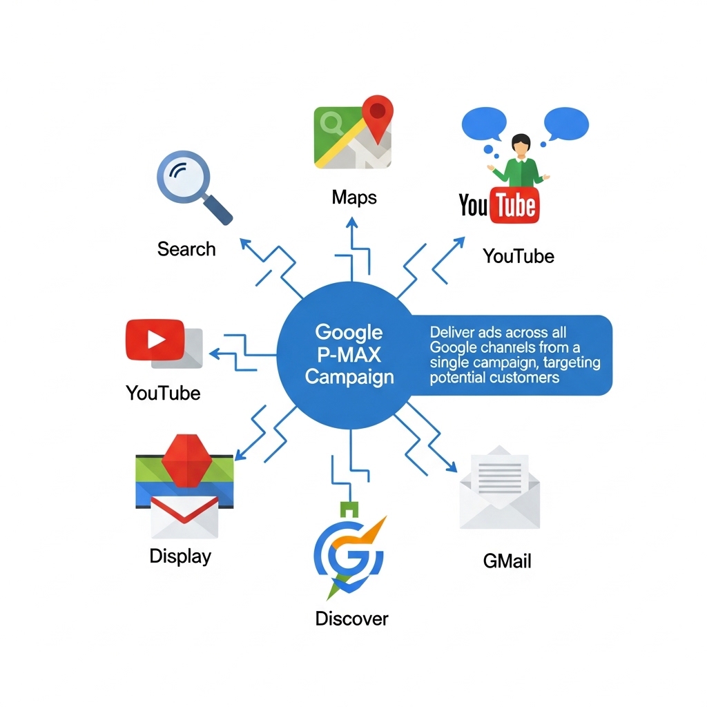 図解：P-MAXがGoogleの全チャネルに広告配信する仕組み
