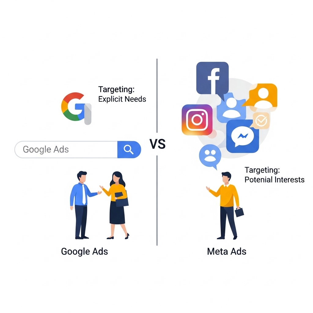 図解：Google広告とMeta広告のアプローチ手法の違い