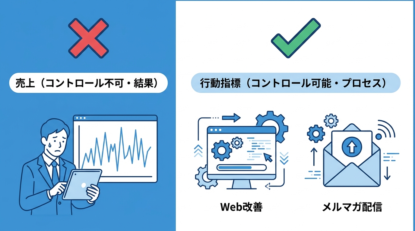 図解:売上(結果)と行動指標(プロセス)の分離