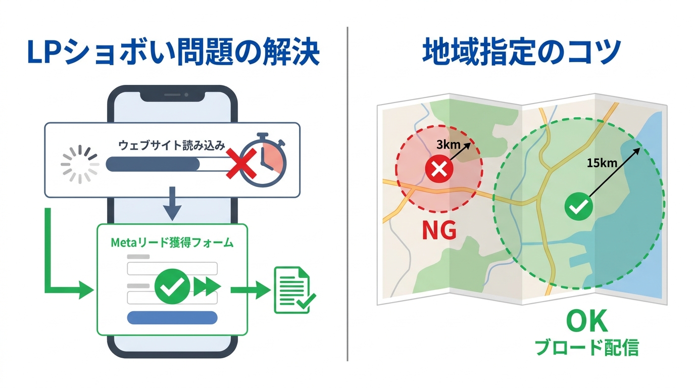図解:LP不要の獲得広告(左)と狭すぎNG地域指定(右)