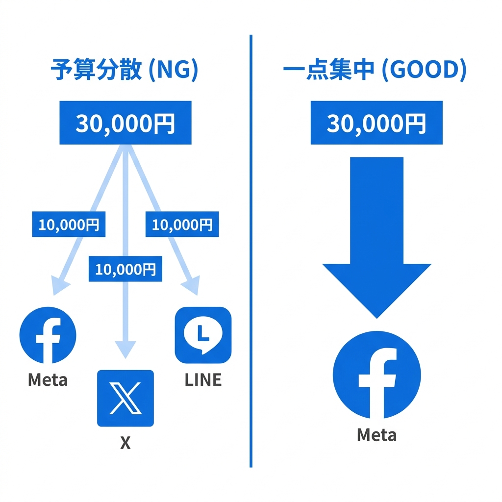 図解:予算3万円の分散NGと全集中のイメージ