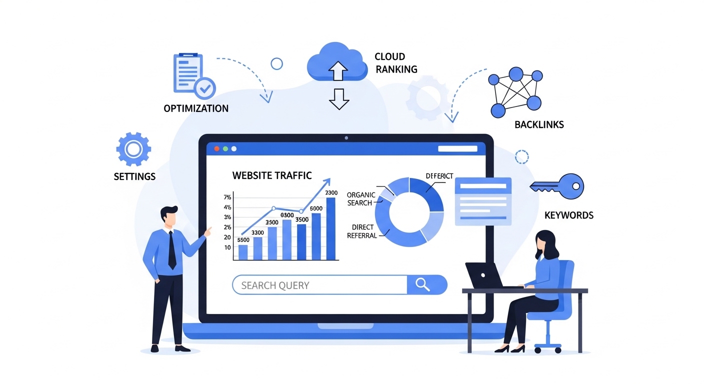 SEO対策のキーワード調査やサイト分析を行うビジネスパーソンのイメージ