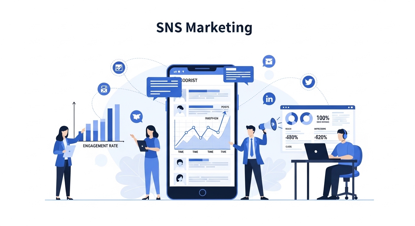 SNSで情報発信や交流を行うビジネスパーソンのイメージ